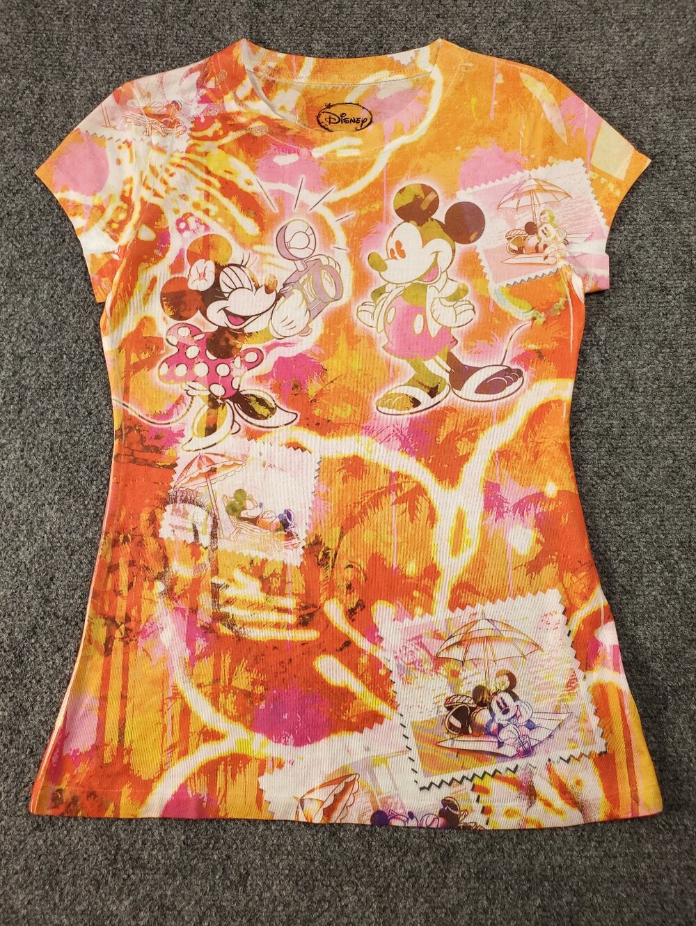 Disney Tie Dye T Shirt Medium Mickey Minnie All Over Print Y2K Babydoll Slim Fit